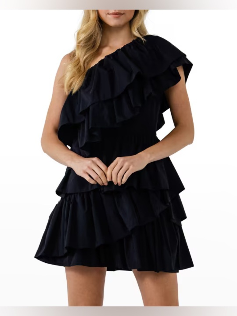 Endless Rose Black One-Shoulder Ruffle Tiered Mini Dress